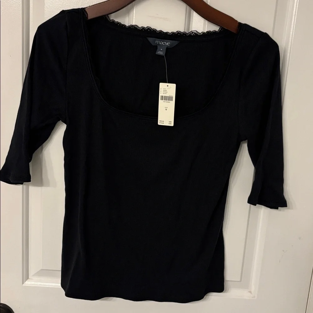 New Maeve Blk Ribbed Top with Lace Detail by anthropology Size S & M - Picture 7 of 11